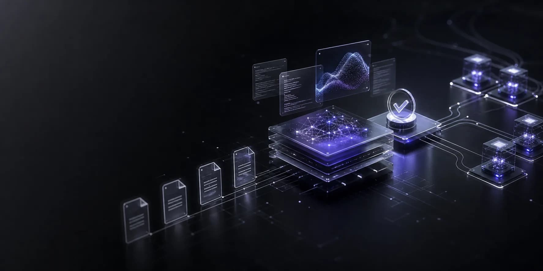Controlled AI workflow connecting business documents, model processing, and review checkpoints