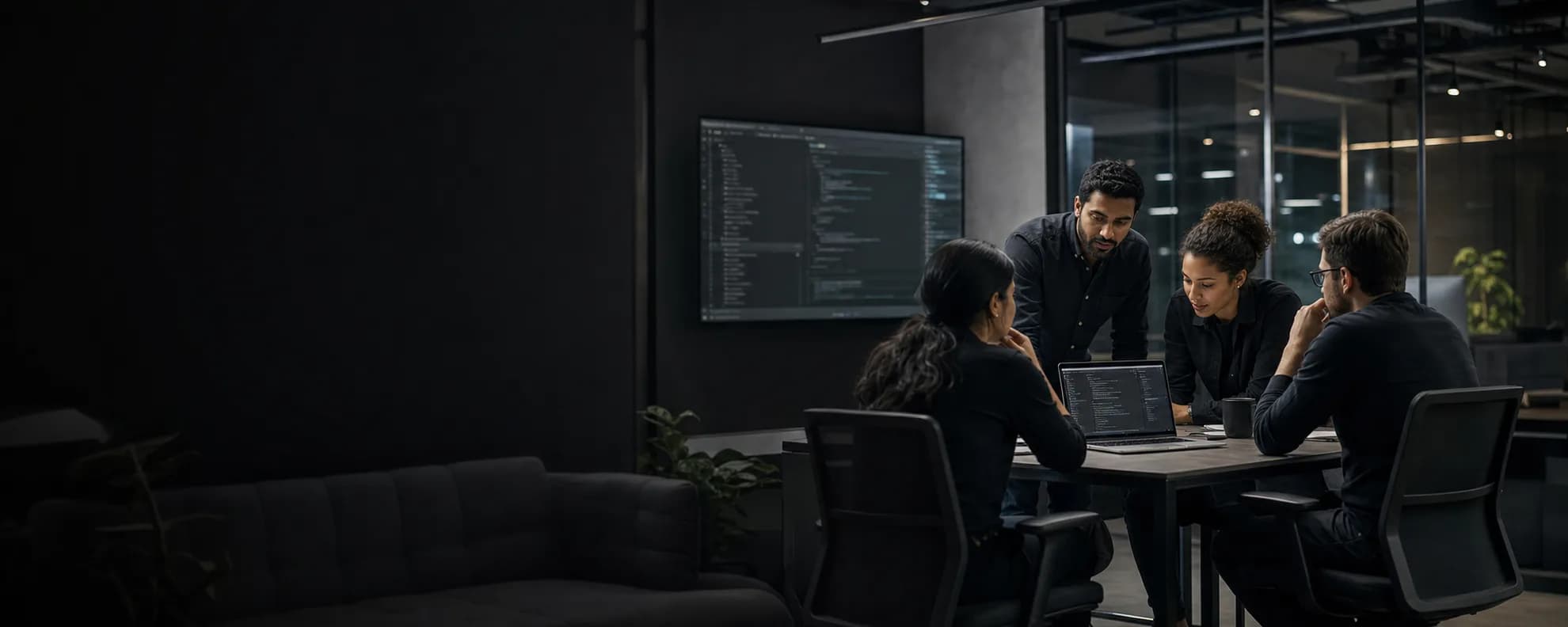 Software engineers collaborating around product code in a modern technology workspace